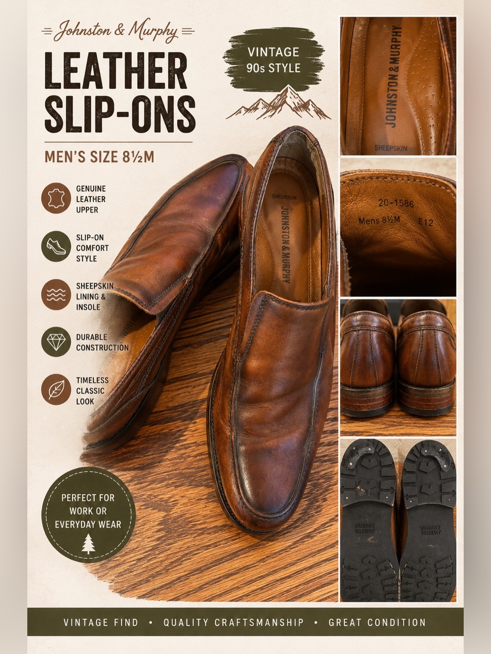 Johnston & Murphy Brown Leather Slip On Loafers Mens 8.5M Sheepskin